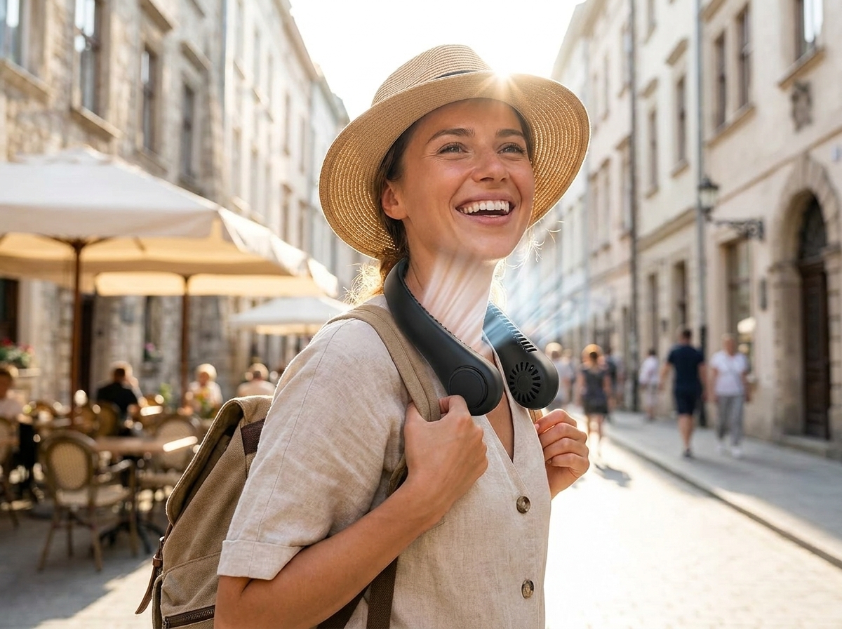 Woman staying cool with NeckCool neck fan
