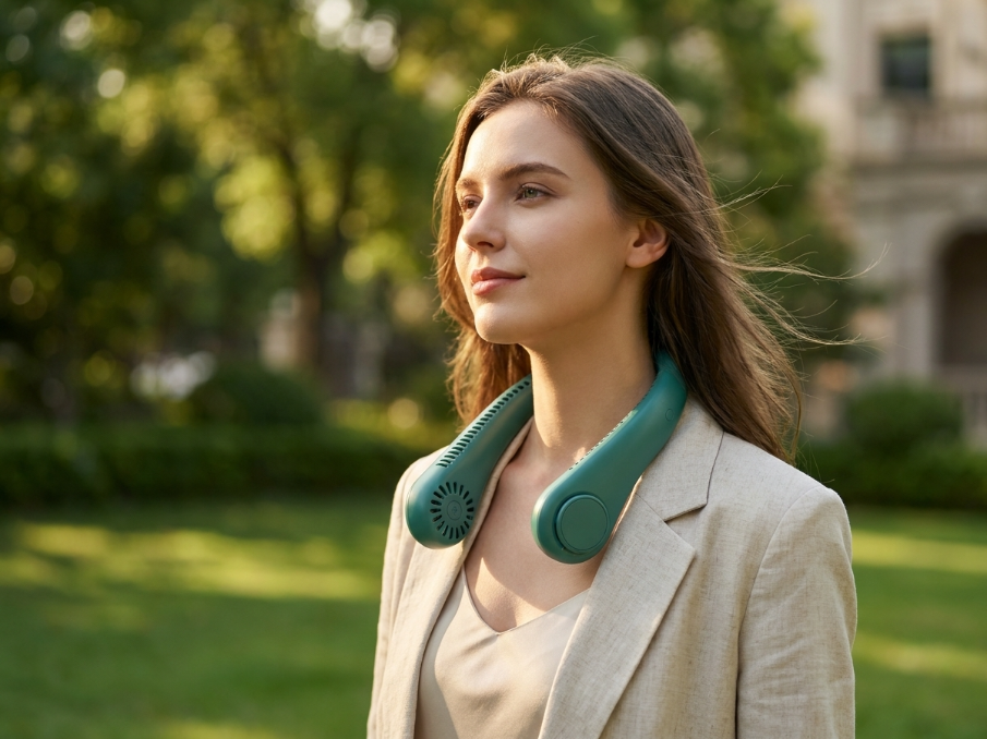 Woman wearing NeckCool in a park